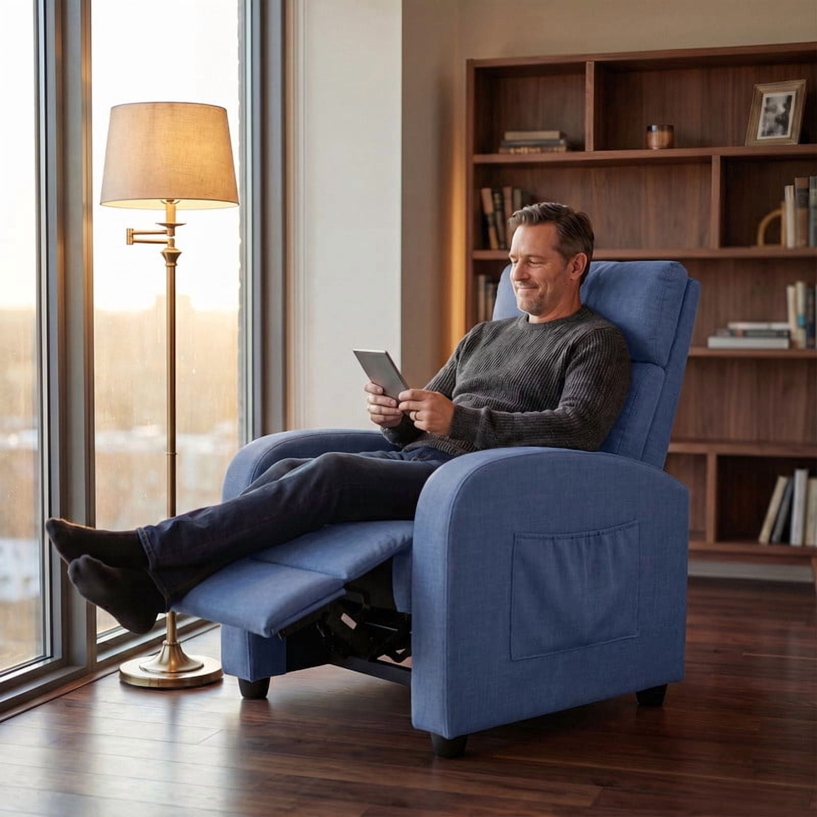 Vineego Massage Recliner Chair Small Places Single Sofa Adjustable Home Theater Seating with Side Pockets for Living Room,Linen Blue