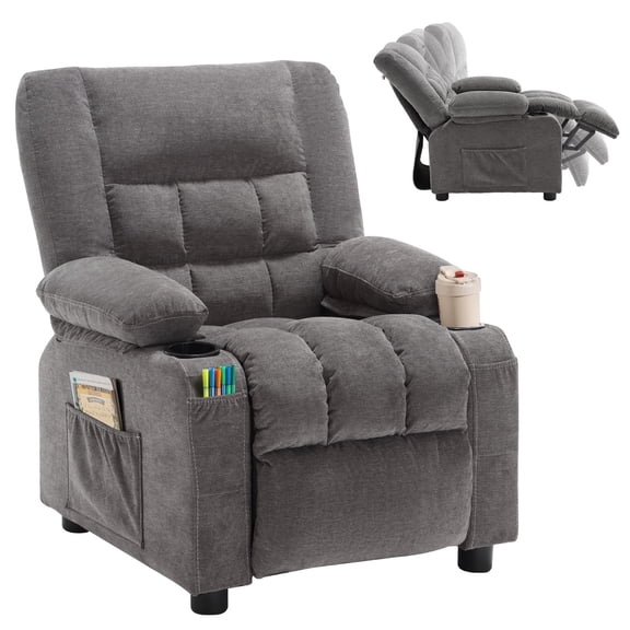 JONPONY Kids Recliner Chair,Push Back Toddler Recliner with Cup Holders & Side Pockets,Adjustable Footrest & Headrest Kids Sofa for Boys Girls 3 Age Group, Grey