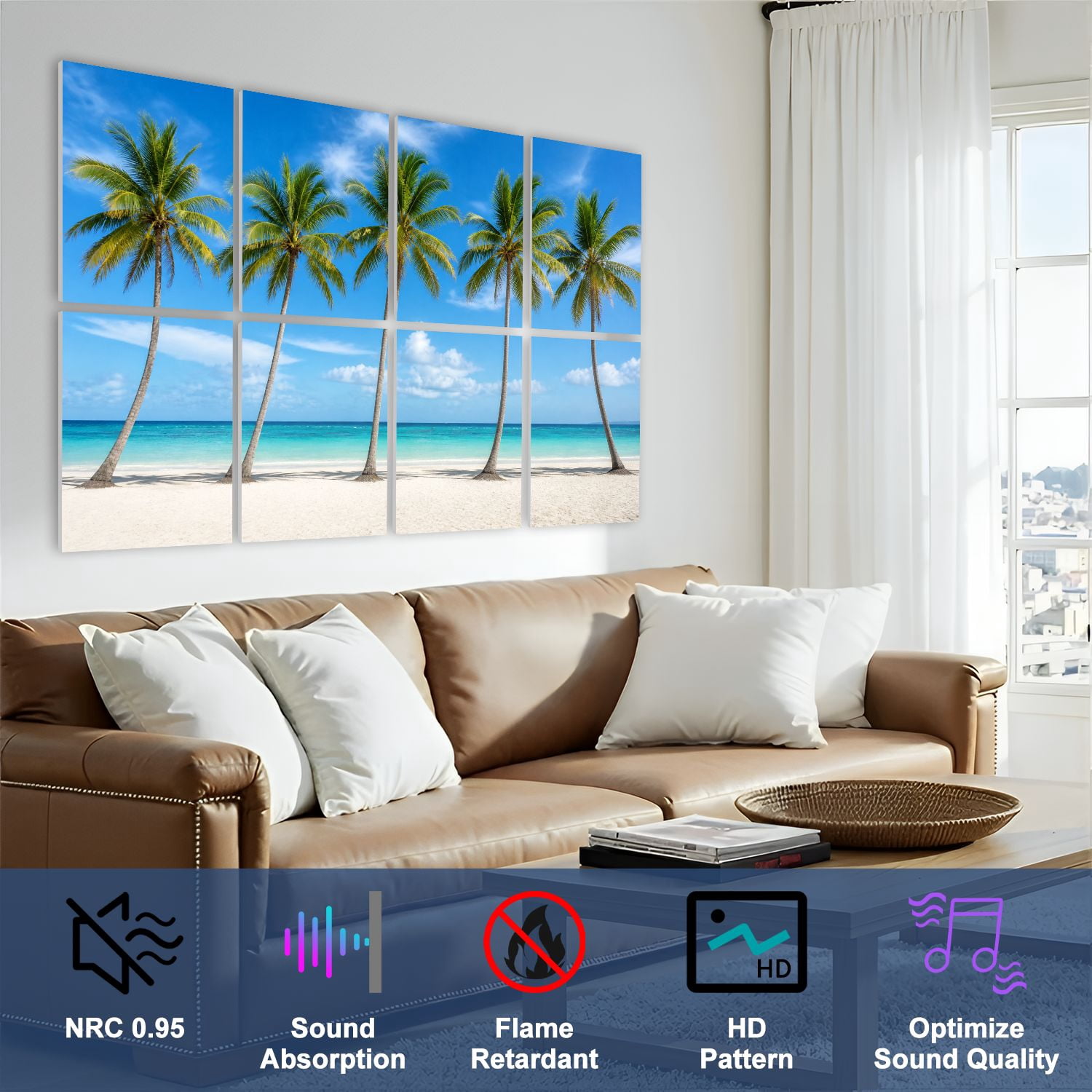 8 Pack Art Acoustic Panels Sound Absorbing Coconut Palm trees white sandy beach Decorative Soundproof Wall Panels Self Adhesive for Nursery Game Room Bedroom 48"x32"
