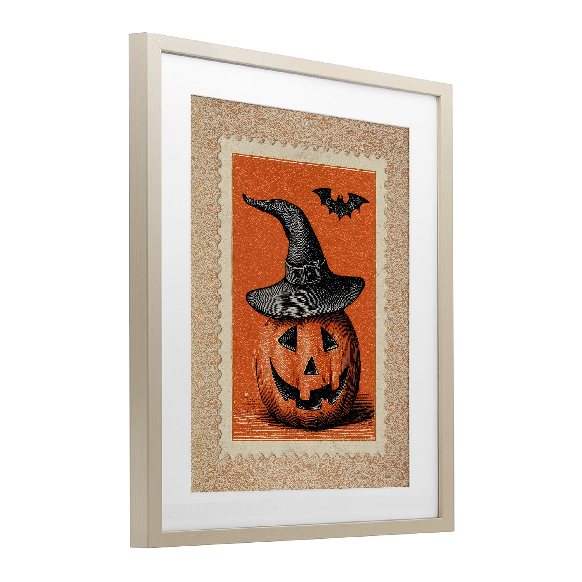 Vintage Jack-o-Lantern Stamp Birch Framed Print Under Glass, design by Arlington Prints