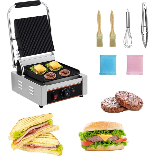 Commercial Panini Grill with Temp Control & 9" x 9" Cooking Surface for Hamburger Steak Bacon, Electric Sandwich Panini Maker, Stainless Steel Sandwich Press Grill, 110V/220V, 1800W
