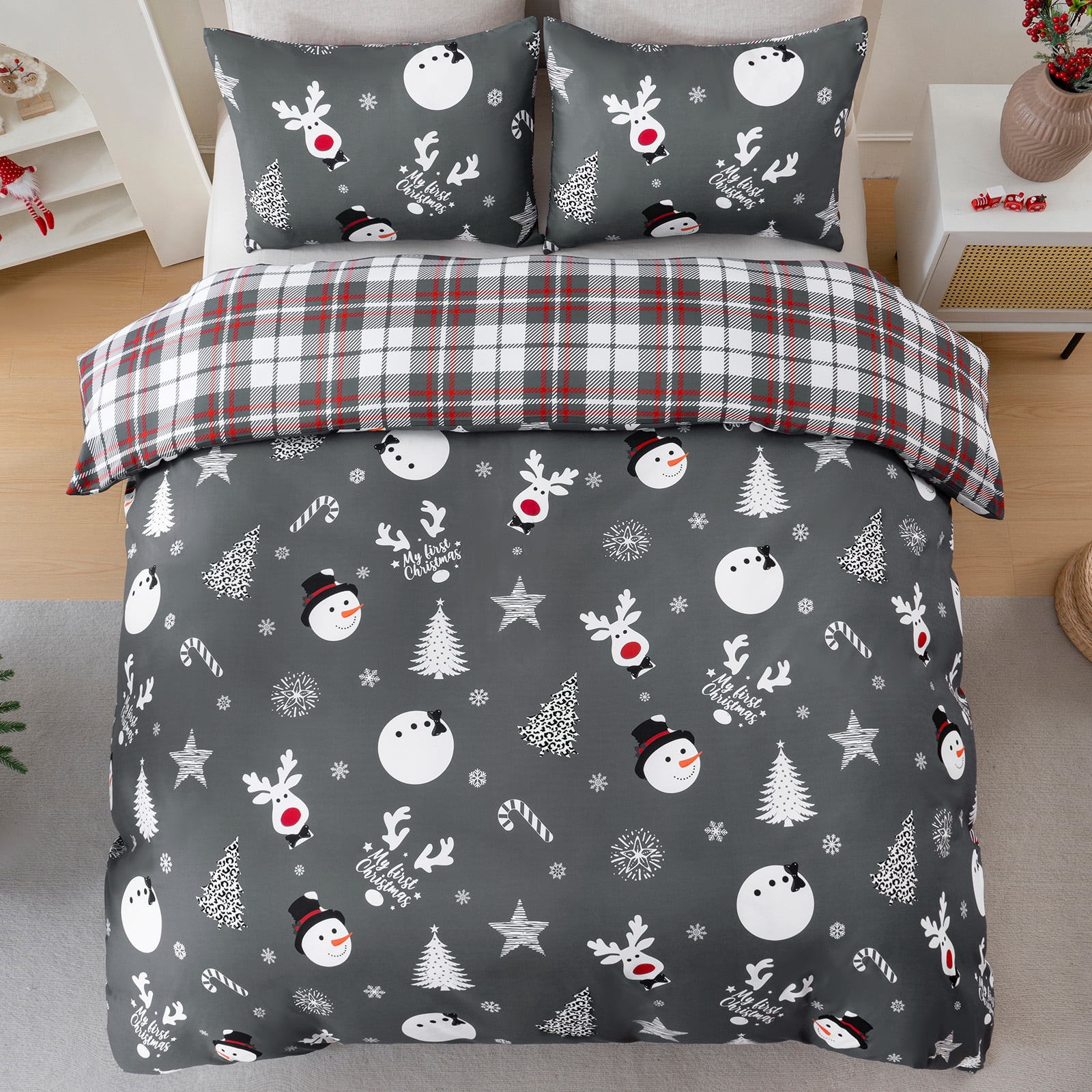 BLEUM CADE Christmas Duvet Cover Set Snowman Plaid 3 Piece Bedding Set for Double Bed 1 Duvet Cover, 2 Pillow Cover