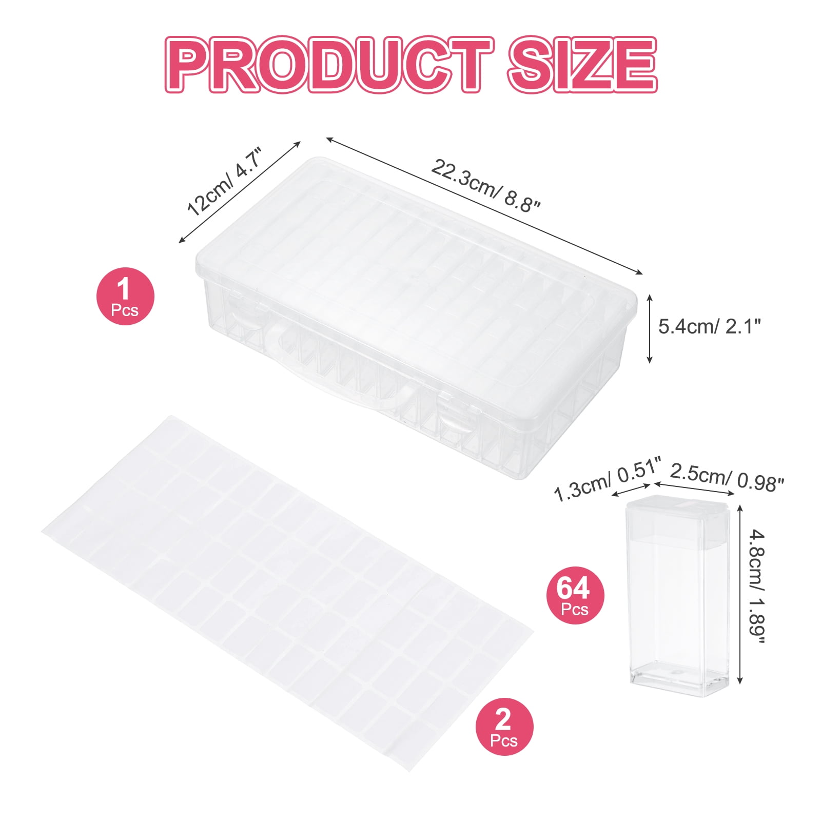 Uxcell 64 Slots Diamond Art Storage Containers, Clear Plastic Diamond Art Painting Beads Organizer Case Accessories with Labels for Jewelry Nail Crafts Rhinestones, 8.8x4.7x2.1inch