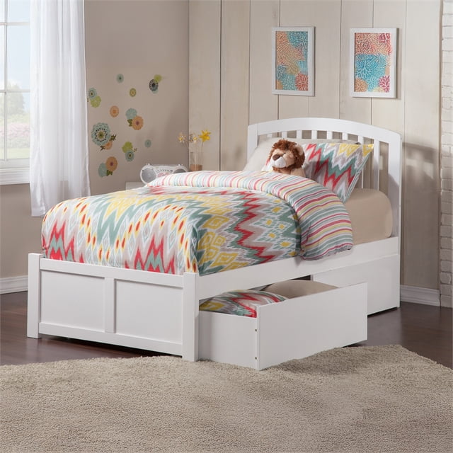 Lit Plateforme en Bois Richmond Simple TG avec Pied de Lit et Tiroirs de Rangement, Blanc