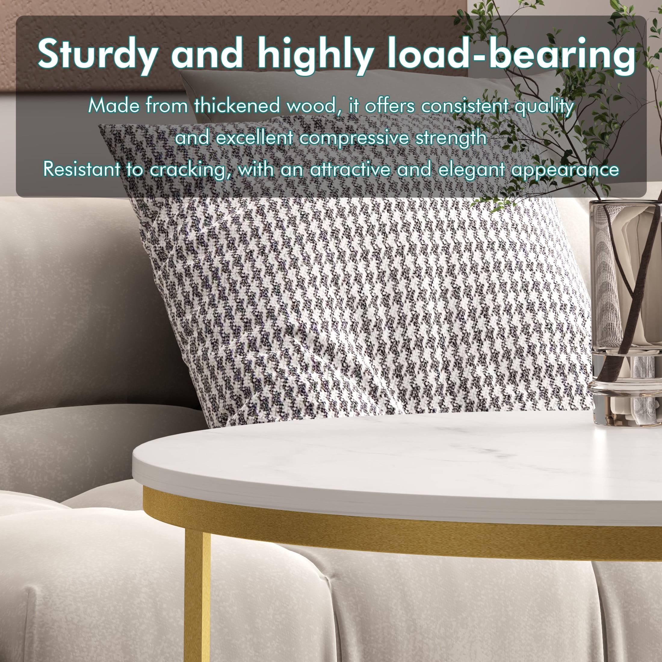 Noble House 27.6" Round Nesting Coffee Table with Marble Top, Wooden Side End Tables for Living Room, White, Set of 2