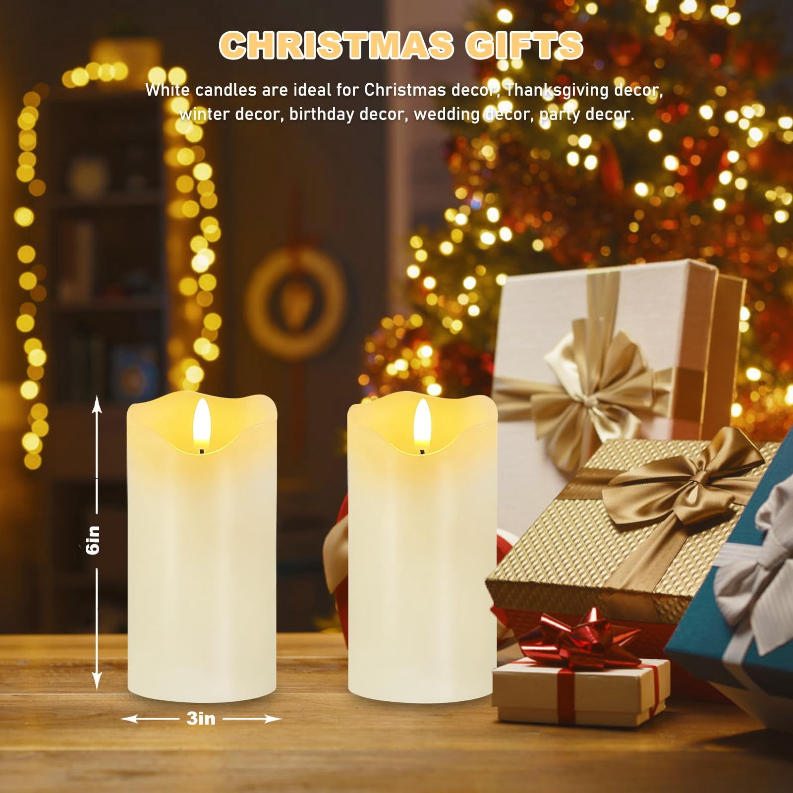 Flameless Candles Light, Set of 2 6"x3" Flickering LED Candles with Remote & Timer, Dimmable Real Wax Electric Pillar Candles Battery Operated, White Candles for Home Christmas Decor