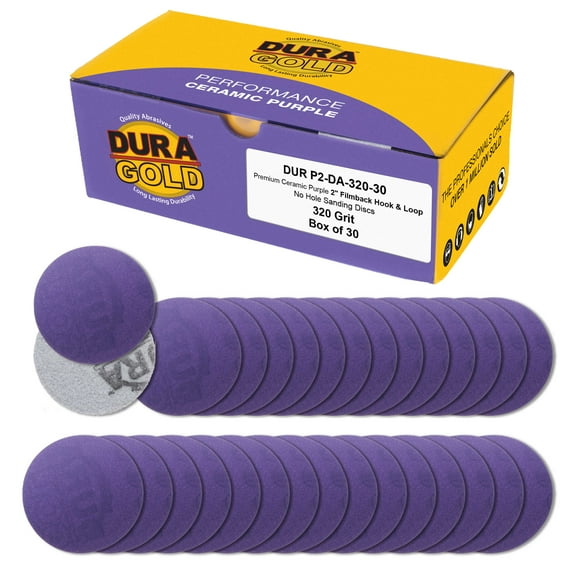 Dura-Gold Premium 320 Grit 2" Purple Film Ceramic Sanding Discs, Box of 30 - Hook & Loop Backing Sandpaper for DA Sander, Drill, Grinder, Rotary Tool - Sand Auto Body Paint, Metal, Wood, Woodworking
