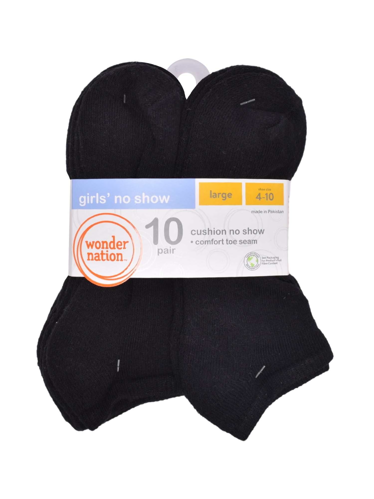 Wonder Nation Girls Cushioned No Show Socks, 10-Pack, Sizes S (6-10.5) - L (4-10)