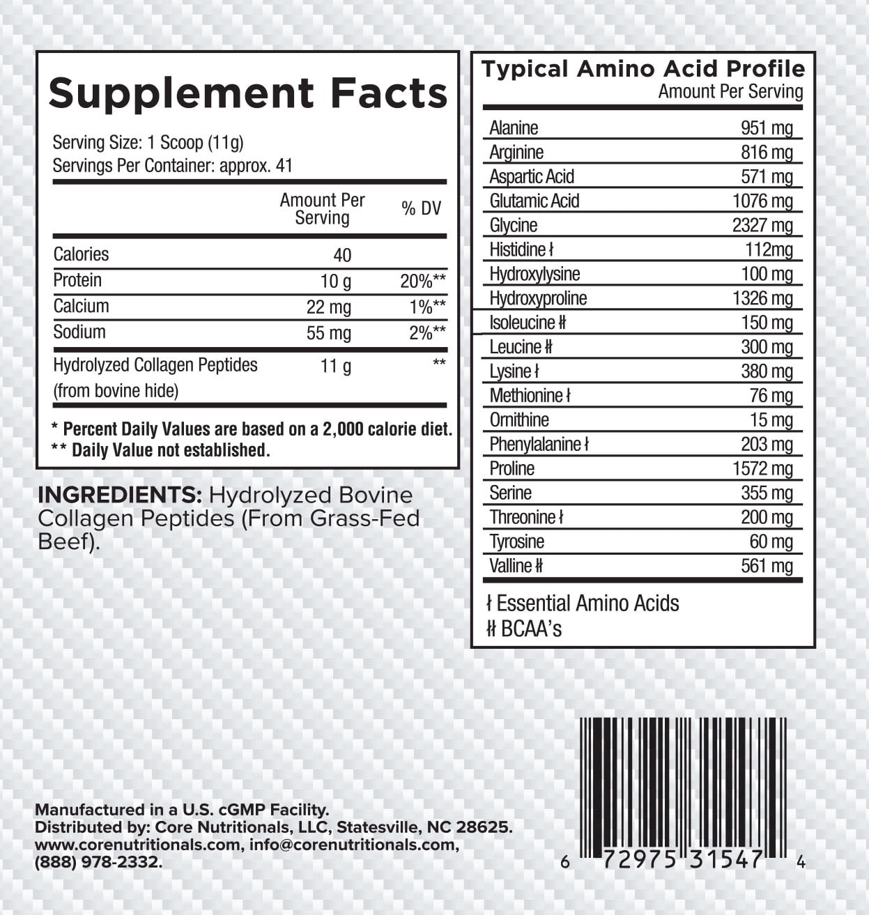 Core Nutritionals Collagen Grass Fed Bovine Collagen Peptides - 41 Servings