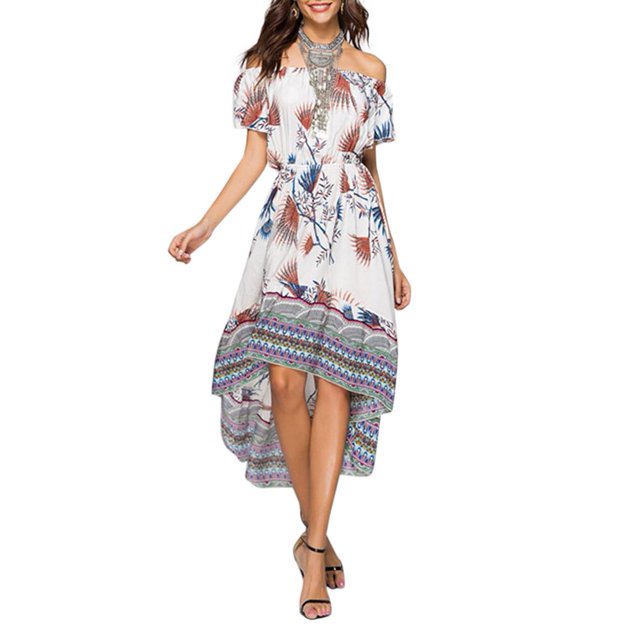 Vestido Con Hombros Descubiertos Y Estampado Floral Para Mujer Vestido Bohemio Con Columpio De Playa (Blanco M Tmvgtek Mujer