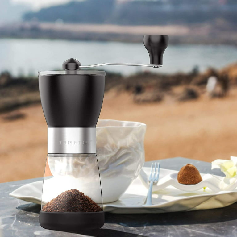 Manual Coffee Grinder, Hand Mill with Ceramic Burrs, Two Clear Glass Jars 5.5 oz Each, Stainless Steel Handle, Suitable for Camping and Home French