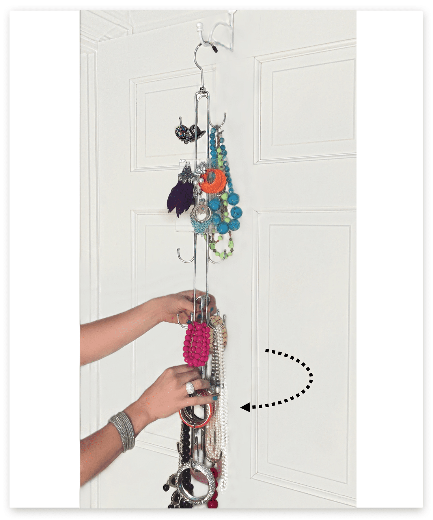 HANGING JEWELRY Organizer- Over Door Jewelry Storage; 360 ROTATING HOLDS OVER 100 PIECES; Necklaces, Bracelets, Statement Pieces, Earrings, Pearls, Rings; 12 Hooks, Chrome