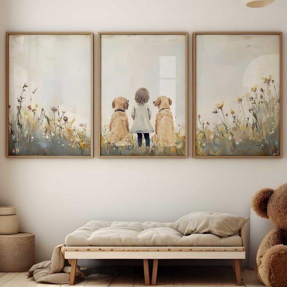 Luvia Golden Retriever Nursery Print, Set Of 3, Dog Family Portrait, Dog Nursery Decor, Dogkids With Dogs, Dog Girls, Modern Wall Decor Set 3 Prints 8x12 UNFRAMED