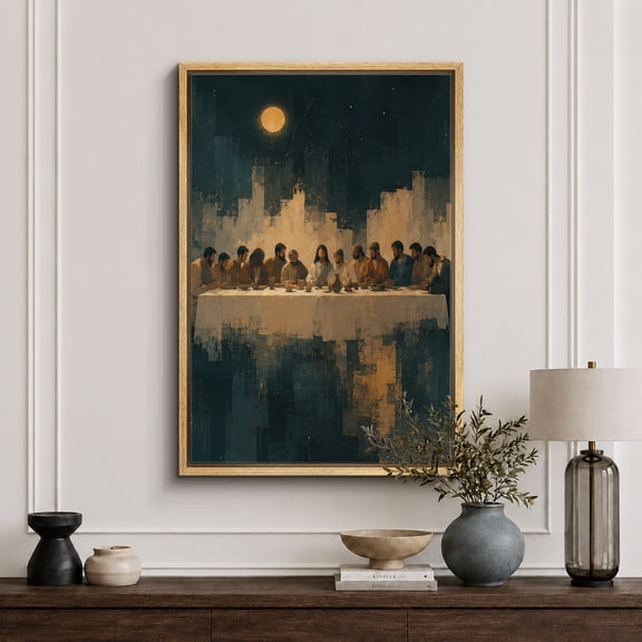 Framed Canvas Print Last Supper Religious Wall Art Vintage Decorative for Living Room Bedroom - 16"x24" NATURAL Frame