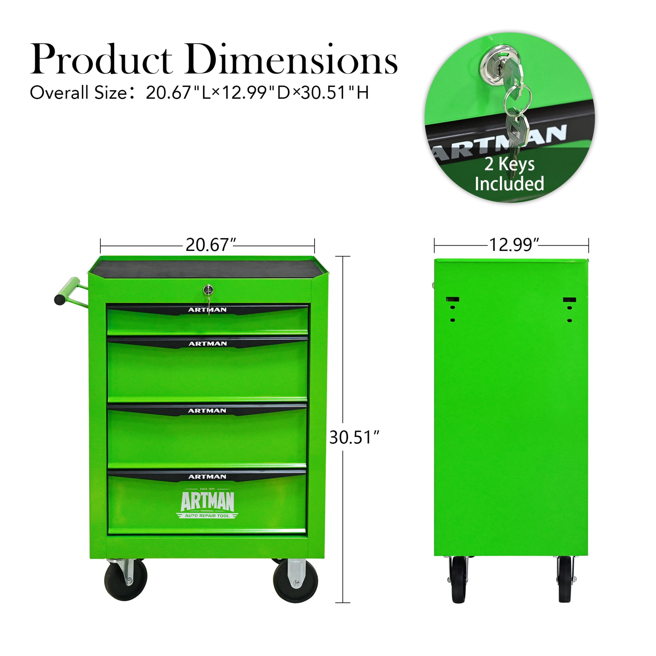 Noble House 4-Drawer Mobile Steel Tool Organizer with Key Lock, Ball Bearing Slide Storage Cabinet Box, Green