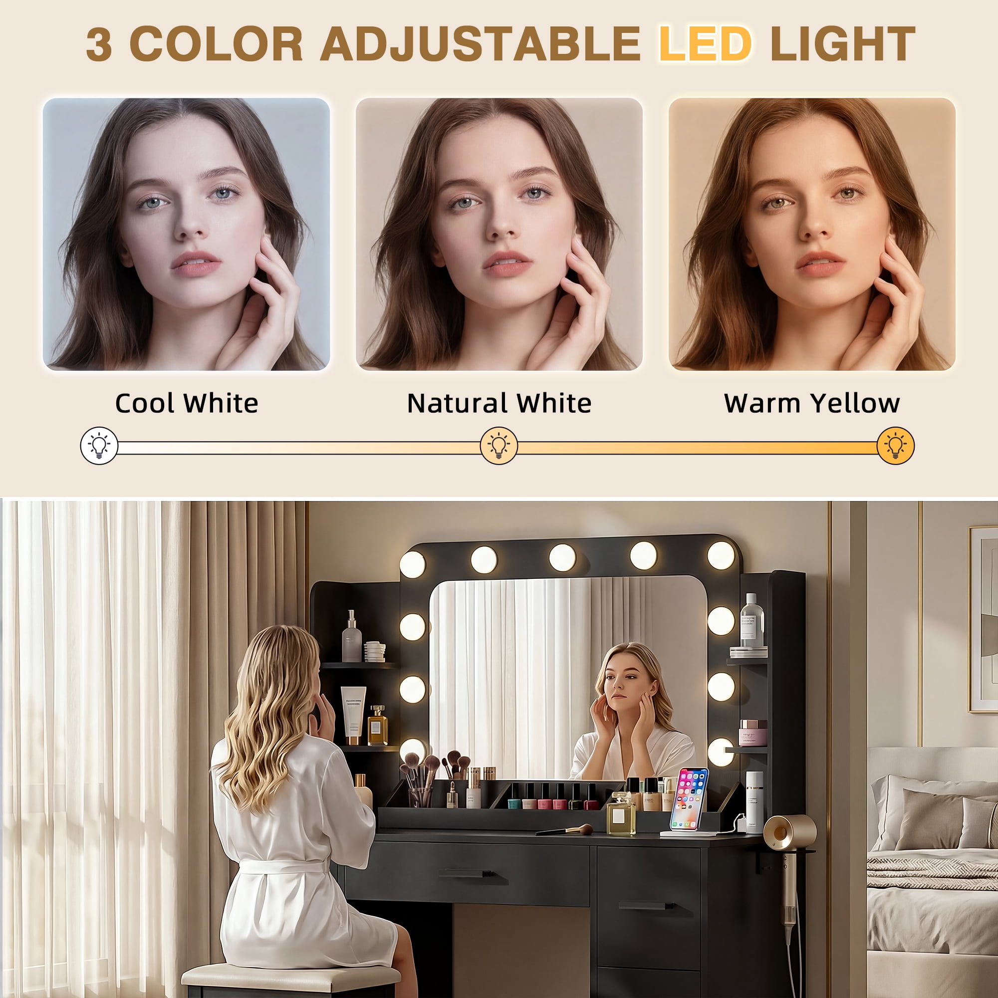 Homall Vanity Desk with Lights & Mirror, Makeup Vanity Set with Power Outlet & Storage Drawers Shelves for Bedroom, Black