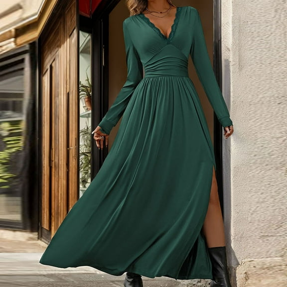 qolati Cocktail Dresses for Women Deep V Neck Long Sleeve Slit 2024 Fall Maxi Dress Elegant Formal Wedding Guest Evening Date Prom Long Dress Army Green S