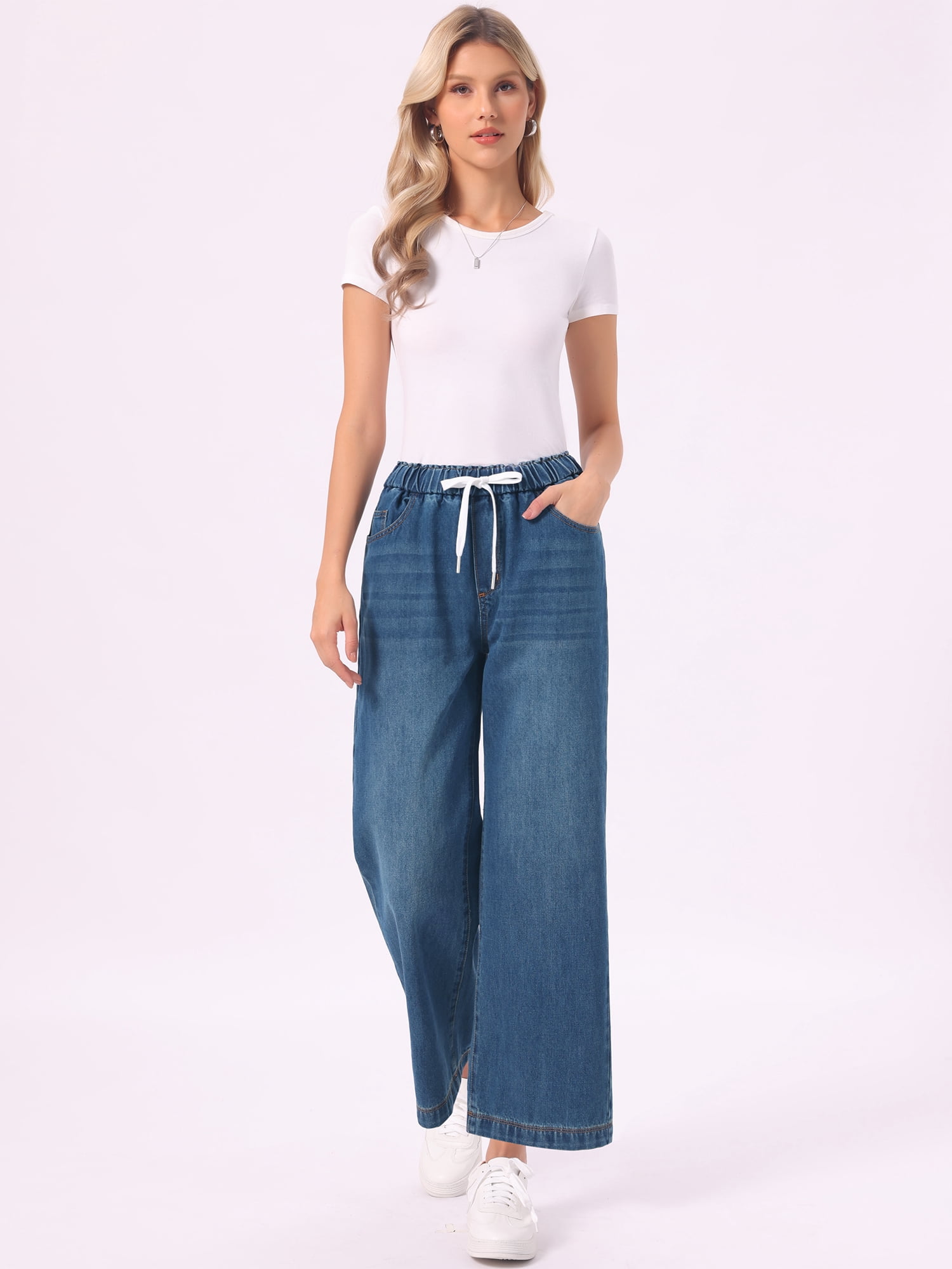 DARING DIVA Women's Trendy Elastic Waist Wide Legs Drawstring Jeans XL Retro Blue