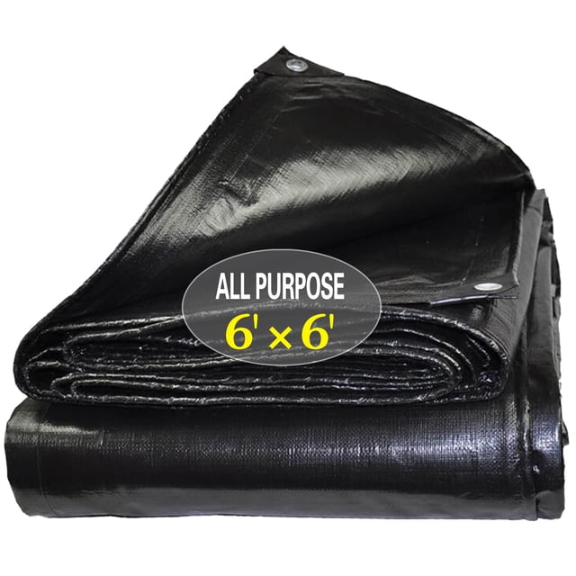 Lona resistente al agua de 6 x 6 pies TEZONG Lona de polietileno multiusos para exteriores, cubierta negra para lluvia de emergencia, muebles de patio, techo, camping, coche, piscina, 10 mil de espeso