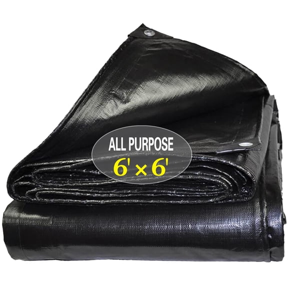 Lona resistente al agua de 6 x 6 pies TEZONG Lona de polietileno multiusos para exteriores, cubierta negra para lluvia de emergencia, muebles de patio, techo, camping, coche, piscina, 10 mil de espeso
