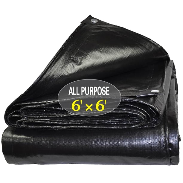Lona resistente al agua de 6 x 6 pies TEZONG Lona de polietileno multiusos para exteriores, cubierta negra para lluvia de emergencia, muebles de patio, techo, camping, coche, piscina, 10 mil de espeso