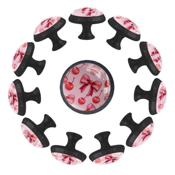 12 Pack Round Glass Drawer Knobs For Kitchen Cabinet With Screws, Cute Bows and Cherries on Pink Background Crystal Diamond Shaped Cupboard Knobs For Kitchen Office Bathroom