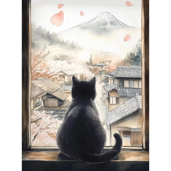 Japanese Black Cat Bathing Moon Lucky Cat Cartoon Illustration Retro Poster Canvas Paintings Wall Art Pictures Home Decor Gifts50 x 70 cm (without frame),SKU-13
