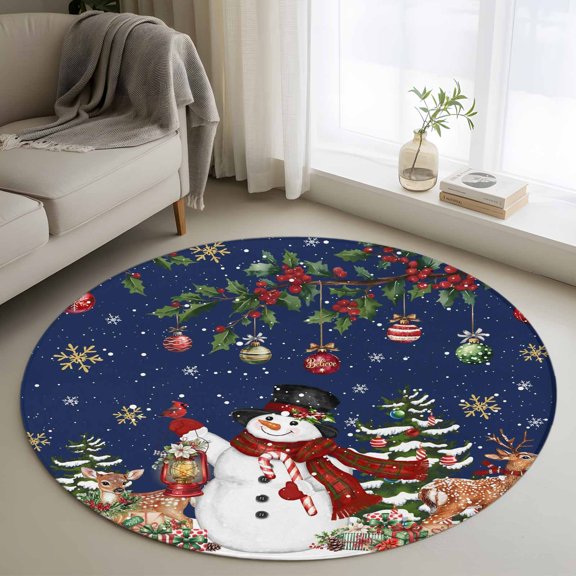 Round Rug 3.3Ft Washable Non-Slip, Blue Christmas Snowman Circle Area Rugs for Living Room Bedroom, Xmas Snowflake Elk Tree Balls Indoor Floor Mats Carpet Runner for Home Decor Aesthetic