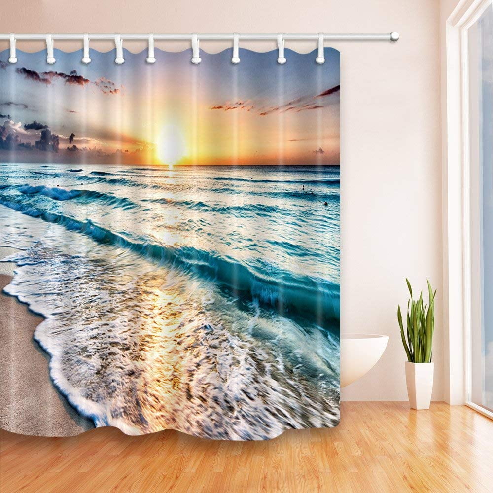 Waterproof Bathroom Shower Curtain Coconut and Moon Seascape Decor with Hooks e 