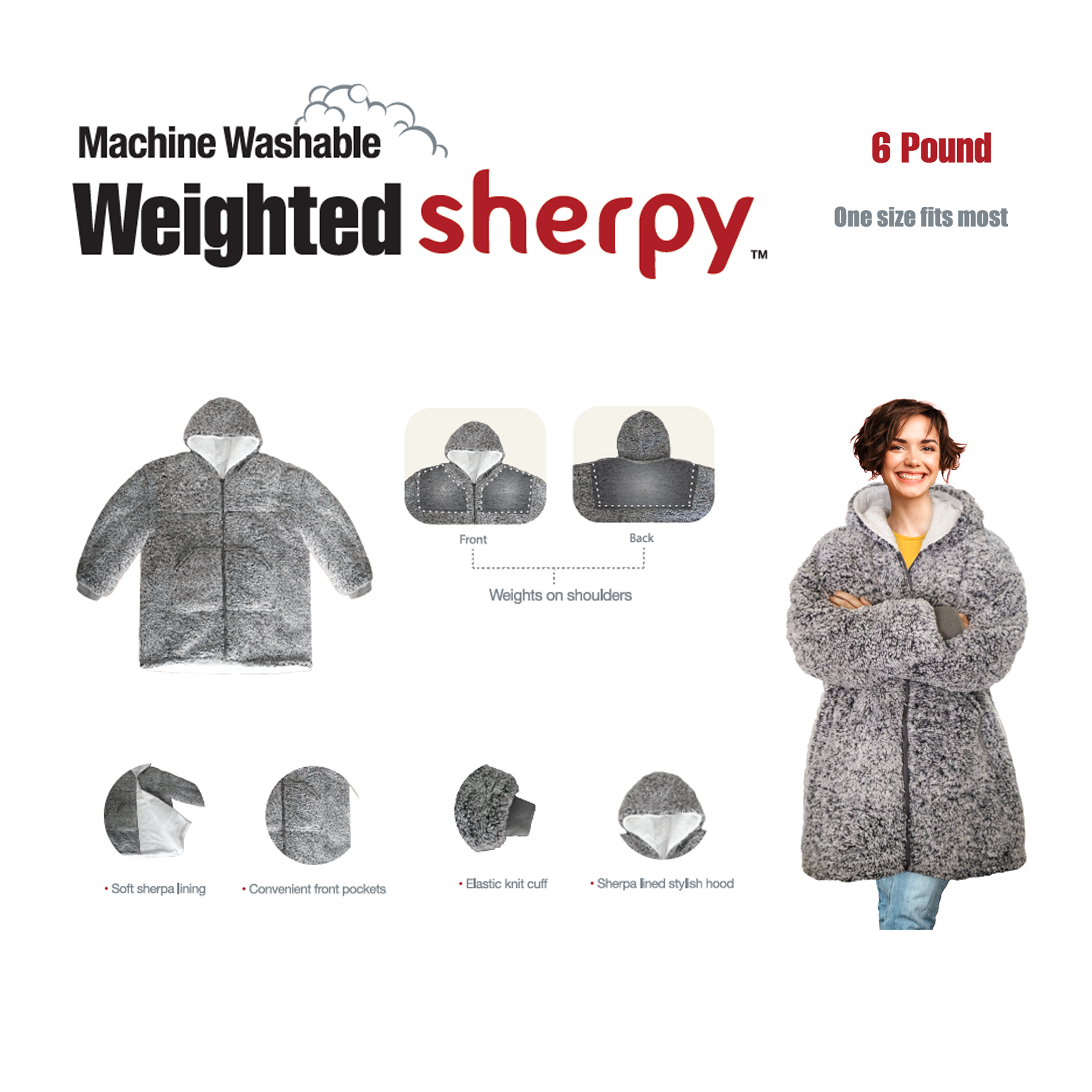 Sutton Home Fashions Machine Washable Weighted Adult Sherpy Hoodie 32"x36", Navy, 6 lbs