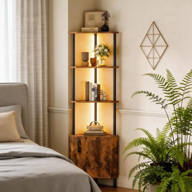 Corner Storage Shelf with LED Lighting - Efficient Corner Storage, Customizable Multi-Color LED Lighting, Versatile Display & Concealed Storage, Sturdy Industrial Build