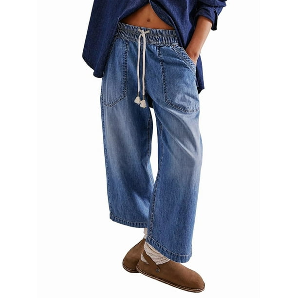 Pantalones Vaqueros Estilo Barril para Mujer, Informales, Anchos, Elásticos, de Tiro Medio, Estilo Boyfriend, Y2k, Holgados, con Cordón. Azul Profundo M