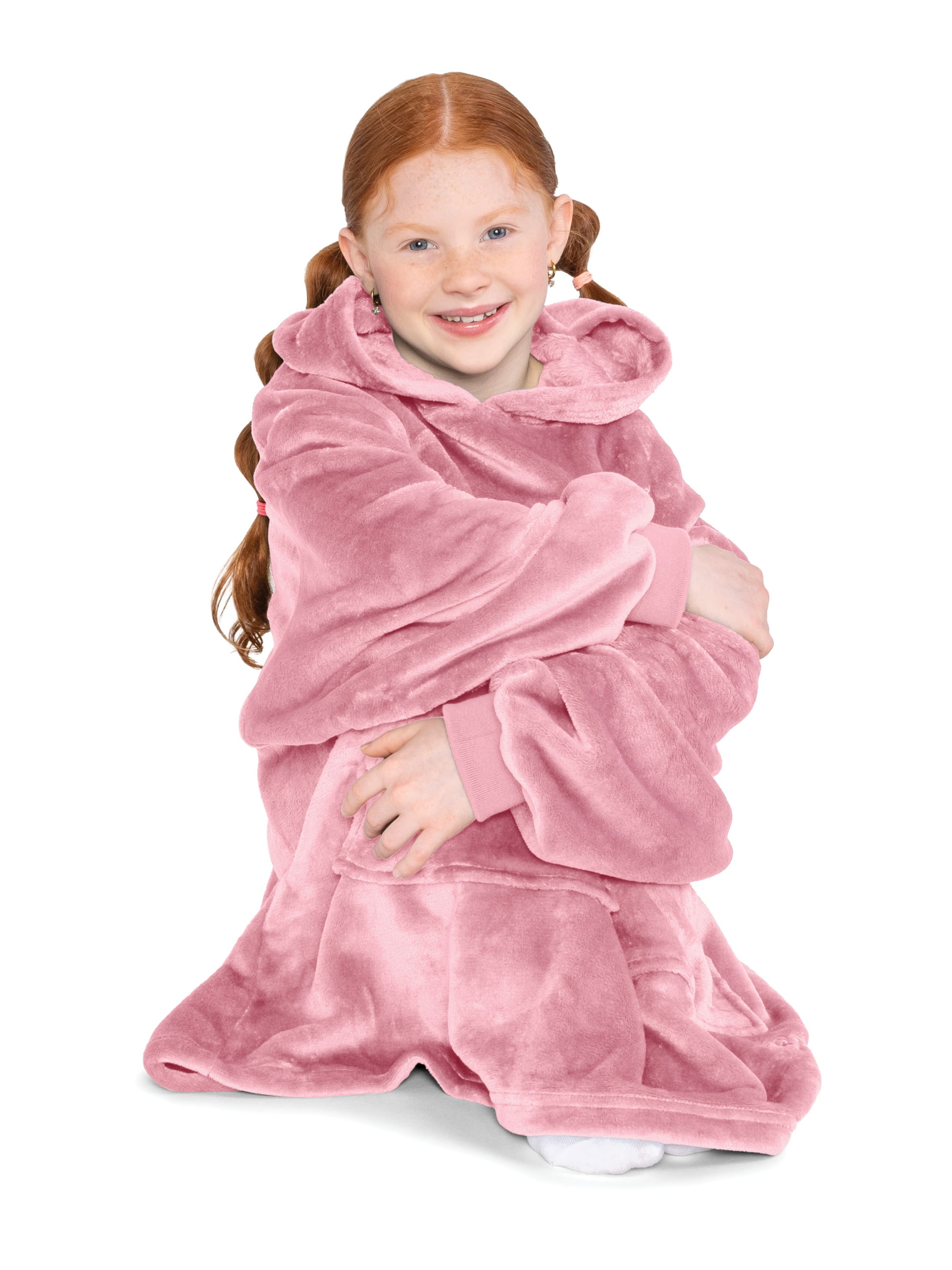 Bare Homey Kids Size Microplush Wearable Blanket, Split Front Pocket, Light Pink