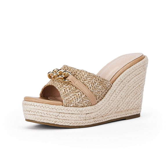 Women's thick-soled wedge-heeled sandals with hemp bottom, chain link, raffia weaving strap, one-step slip-on, summer casual shoes, thick-soled slippers