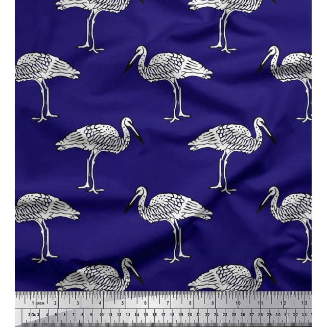 Soimoi Crepe Silk Fabric Heron Block Print Fabric by The Yard 42 Inch Wide