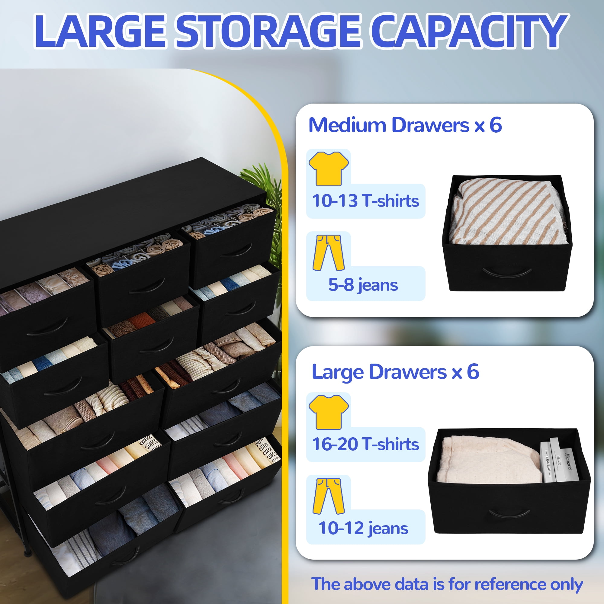 Elevon 12-Drawer Storage Cabinet, Fabric Dresser with Steel Frame, Bedroom Storage Tower with Easy-Pull Handles, Wood Grain Finish, Black