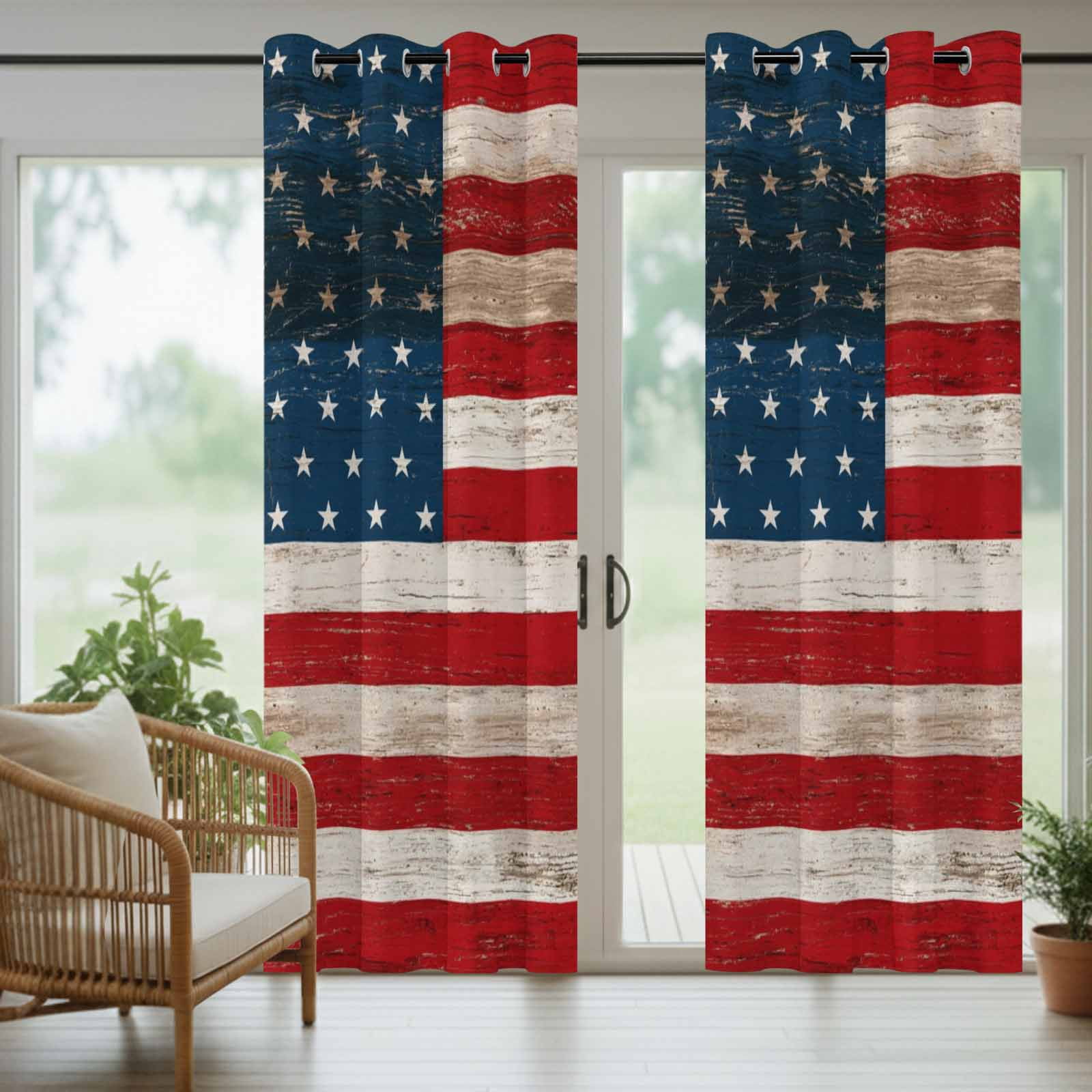Independence Day Outdoor Curtains for Patio, American Flag Patriotic Red Blue Stripe Star Wood Grain Sunshade Privacy Drapes Grommet Waterproof Outside Curtains for Porch Balcony 54"x108", 1 Panel