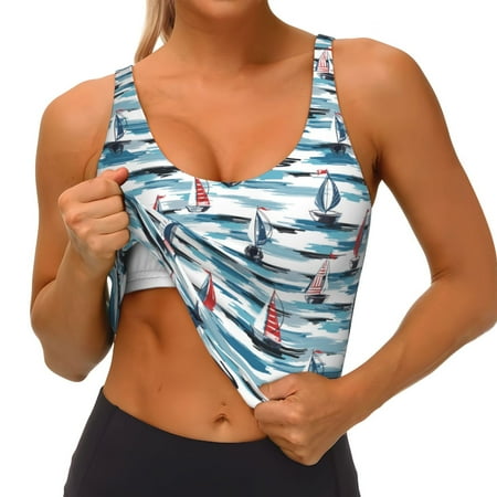 Qokaie Boat In Ocean Pattern Womens Scoop Neck Sports Bra Breathable Workout Vest Padded U Back Medium Impact Fitness Gym Yoga Bra Workout Crop Top