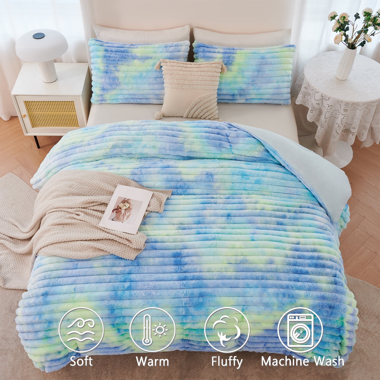 ZRNBAST Fluffy Queen Comforter Set, Tie-dye Blue Green Plush Fleece Bedding, Super Soft Faux Fur Bed Set, Soft Warm Comforter All Season with 2 Pillowcases(Blue Green,Queen)