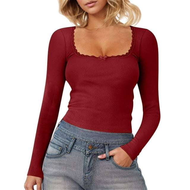 AherBiu Women's Tops Long Sleeve Ribbed Knitted Round Neck Cropped Top Basic Layering Slim Fitted T Shirts