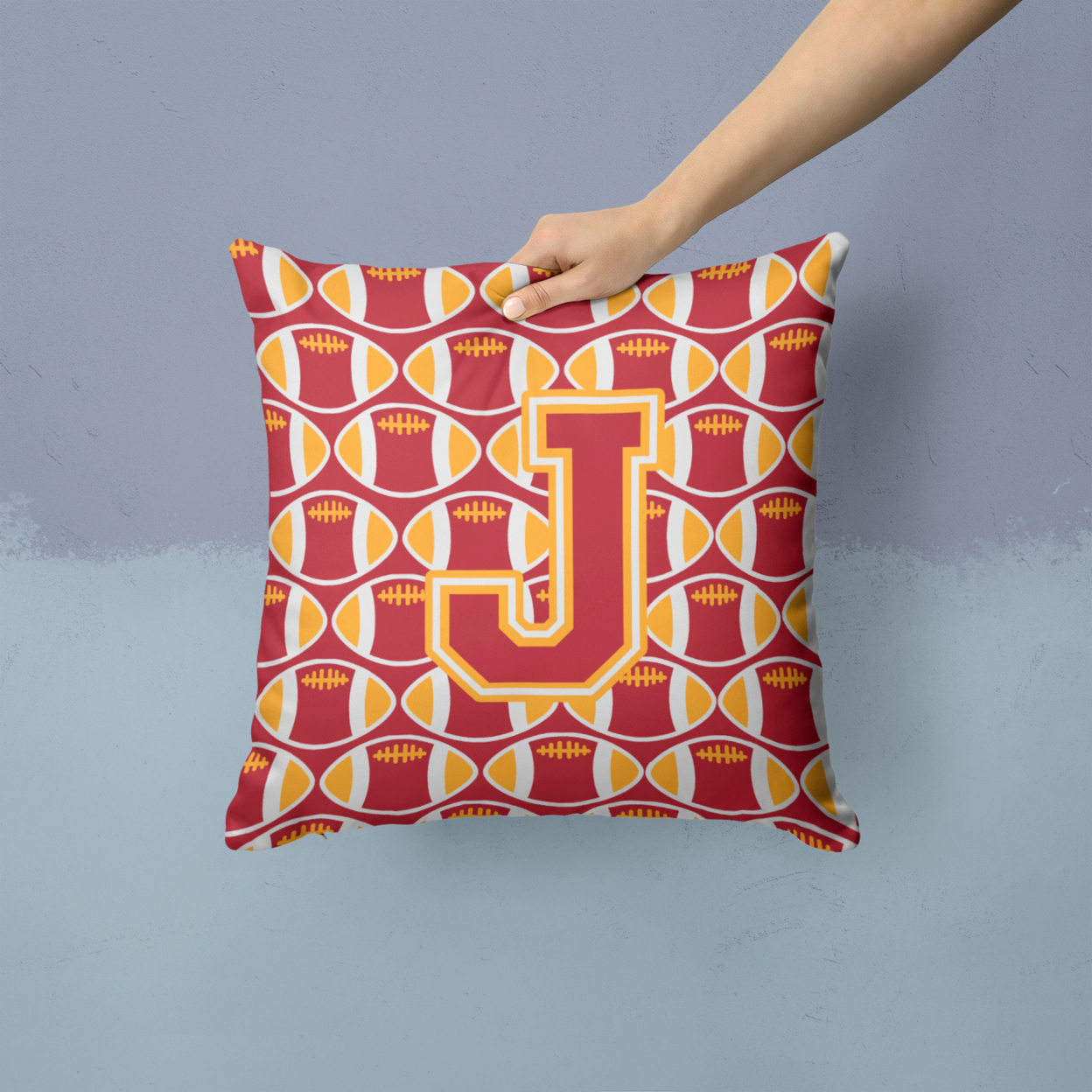 Letter J Football Cardinal and Gold Fabric Decorative Pillow