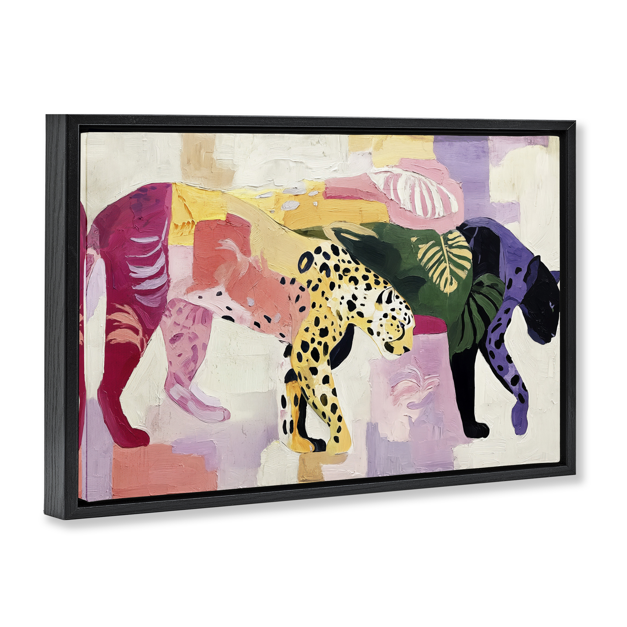 Candy Cats Tropical Wildlife Black Framed Floater Canvas Wall Art, design by Annabelle Hall