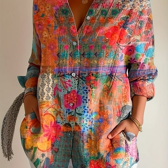 This Retro Bohemian-style Long-sleeved Shirt With Colorful Floral Patterns Is Fashionable, Versatile And Eye-catching. It'S A Outfit With Unique Patterns