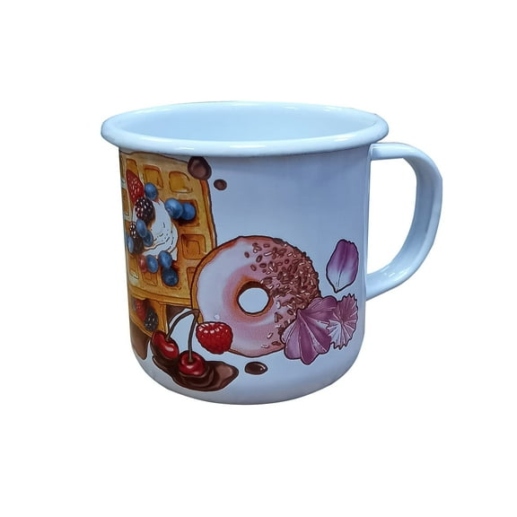 Stylish Enamel Mug, White Round Durable Drinks Serving for Indoor Outdoor Use - Dessert, 13 oz 400 ml