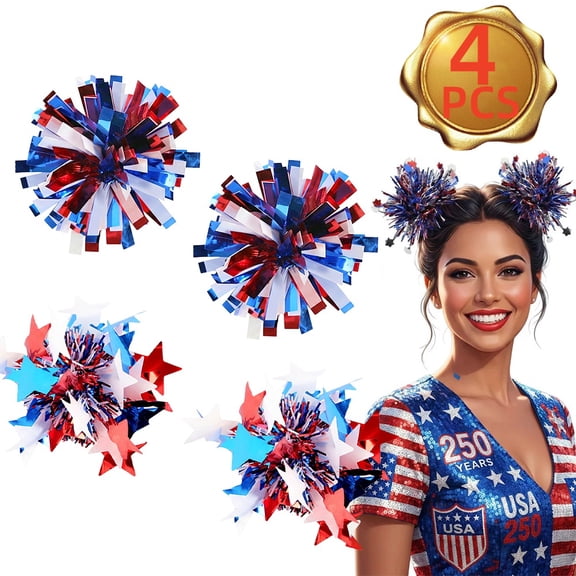 Red White Blue Pom Pom Hair Clips, 4th of July Metallic Cheer Bow Barrettes for Patriotic Party Accessories,2 Set