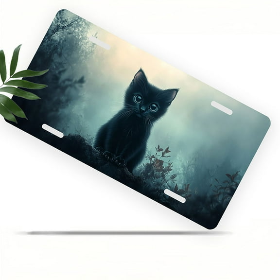 Mysterious Black Kitten Front License Plate, Metal License Plate, Funny Standard Plates Personalized Novelty Decorative For Men/Women/Boys/Girls Car 6×12 Inch