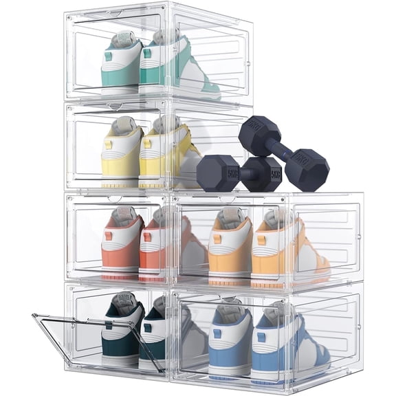 Govvep Thickened Clear Shoe Storage Organizer, Stackable Collapsible Plastic Shoe Boxes for Sneakers & Boots, 6 Pack, White
