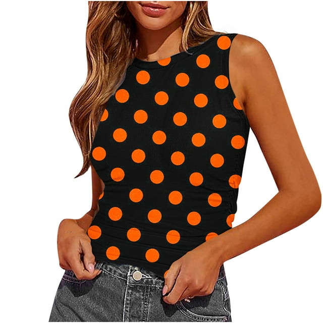 Plebaso Débardeurs d'Été pour Femmes Slim Imprimé Sans Manches Col Rond Tee-Shirts Froncés Blouses Décontractées pour Femmes