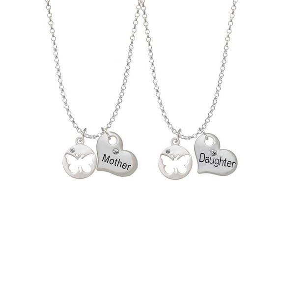 Delight Jewelry Silvertone Butterfly Silhouette Mother & Daughter Heart Necklaces (Set of 2), 19" 2"