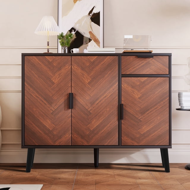 Kosynda Sideboard Buffet Cabinets with Drawer, Wood Coffee Bar Storage Cabinets with 1 Adjustable Shelf for Entryway, Kitchen, Dining Room, Brown